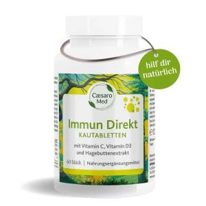 Caesaro Med Immun Direkt Vitamin C & Vitamin D Kautabletten – weiße Dose mit grünem Wald-Etikett und grünem Anhänger „hilf dir natürlich", 60 Stück