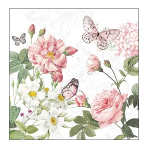 Ambiente Servietten Amelia White 20 Stück – Serviette mit rosa Rosen, Blüten und Schmetterlingen auf weißem Grund