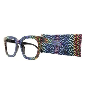 Augenstolz Fertiglesebrille Bonni Tasty – eckige Lesebrille mit buntem Wellenmuster auf schwarzem Grund, daneben aufgestelltes Etui im passenden Muster