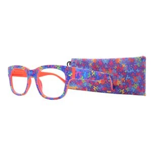 Augenstolz Fertiglesebrille Fun Flowy – Lesebrille mit buntem Blumenmuster, daneben aufgestelltes passendes geblümtes Etui