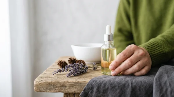 Ätherische Öle für Aromatherapie mit Lavendel und Zirbenzapfen auf Holzuntergrund