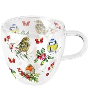 Doppelwandige Teetasse mit Wintervögeln – Ambiente Birds in Winter Glastasse mit winterlichem Vogelmotiv