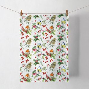 Küchenhandtuch mit winterlichen Vögeln Stechpalme und roten Beeren – Ambiente Birds In Winter