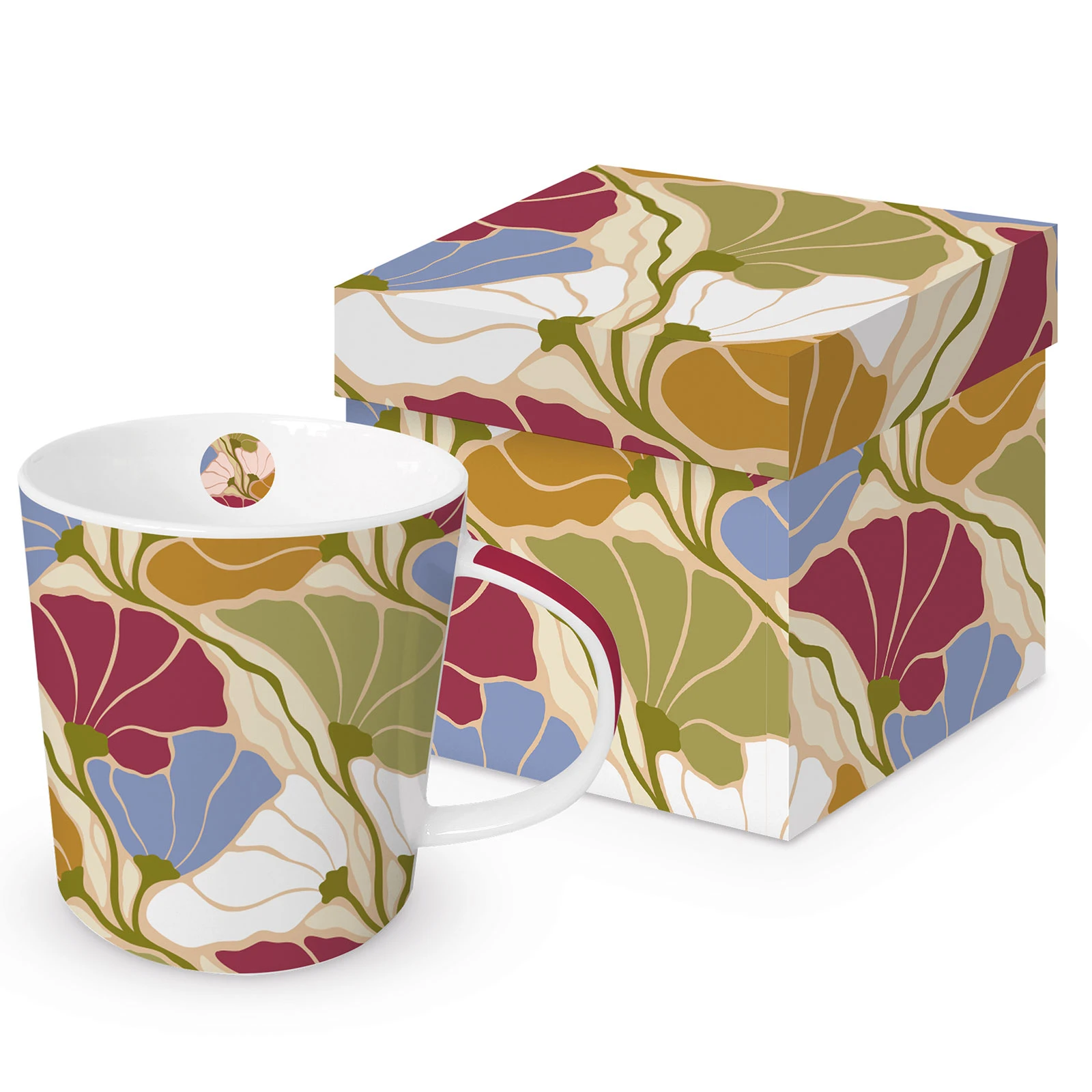 Blumentasse mit Geschenkbox – buntes Jugendstil-Muster